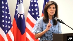 Nikki Haley, former United States ambassador to the United Nations, speaks to the media during her news conference before leaving Taipei, Taiwan, Aug. 24, 2024.