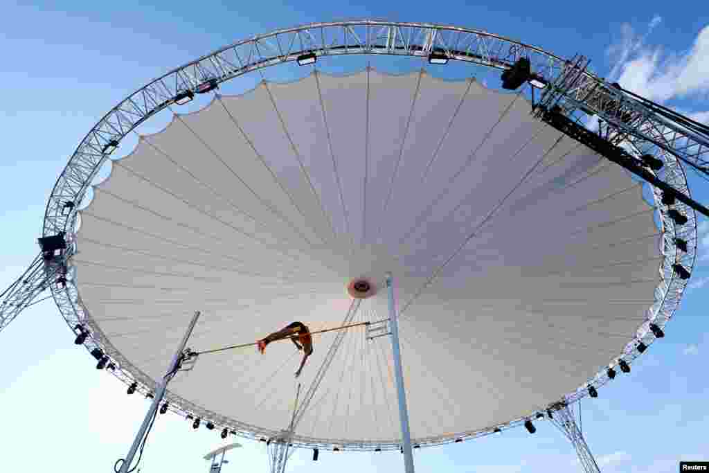 Switzerland&#39;s Valentin Imsand competes in the men&#39;s pole vault during the Athletics Diamond League in Lausanne, Switzerland.