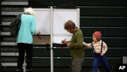 Oliver Paradee accompanies his father, Andrew Paradee, as he fills out his ballot in the primary election in Stowe, Vermont.&nbsp;Super Tuesday elections are being held in 15 states and one territory.