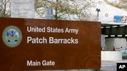 FILE - The main entrance for the U.S. Army Patch Barracks in Stuttgart, Germany, Nov. 28, 2006, where the headquarters of the U.S. European Command is located. The U.S, military has raised the security protection measures it is taking at its bases throughout Europe. 