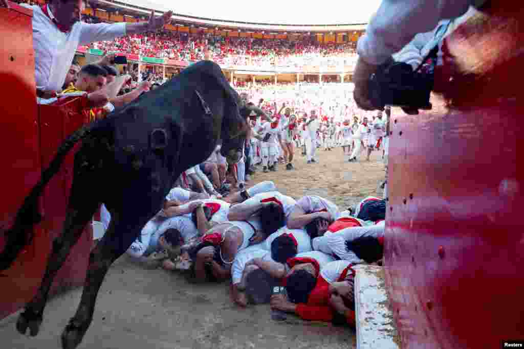 Revelers brace themselves as a wild cow jumps over them at the San Fermin festival in Pamplona, Spain, July 7, 2024.