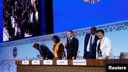 World Bank President Ajay Banga, World Bank Secretary Mercy Tembon, Ukraine Minister of Finance Serhiy Marchenko, IMF Secretary Ceda Ogada and Managing IMF Director Kristalina Georgieva preside at annual IMF and the World Bank meeting, Marrakech, Morocco, October 13, 2023.