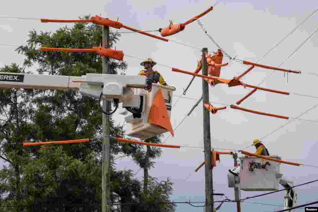 Workers with Pike Electric prepare power lines ahead of Hurricane Idalia in Clearwater, Florida.