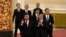 FILE - New members of the Politburo Standing Committee — front to back, President Xi Jinping, Li Qiang, Zhao Leji, Wang Huning, Cai Qi, Ding Xuexiang and Li Xi — in Beijing, Oct. 23, 2022. Some observers say that Xi, Li Qiang and Cai are China's new "Gang of Three."