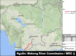 Sơ đồ Dự án kênh Funan Techo Canal dài 180 km của Vương Quốc Cam Bốt, tổn phí lên tới 1.7 tỷ USD được tài trợ bởi Trung Quốc qua quỹ Sáng kiến Một Vành Đai Một Con Đường dự trù khởi công năm 2024, sẽ hoàn tất và vận hành 4 năm sau (2028). [Nguồn: Mekong River Commission / MRC]