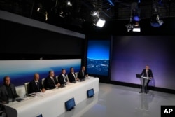 Leaders of Greece's political parties participate in a televised debate ahead of the country's May 21 elections, at a studio of public broadcaster ERT in Athens, May 10, 2023.