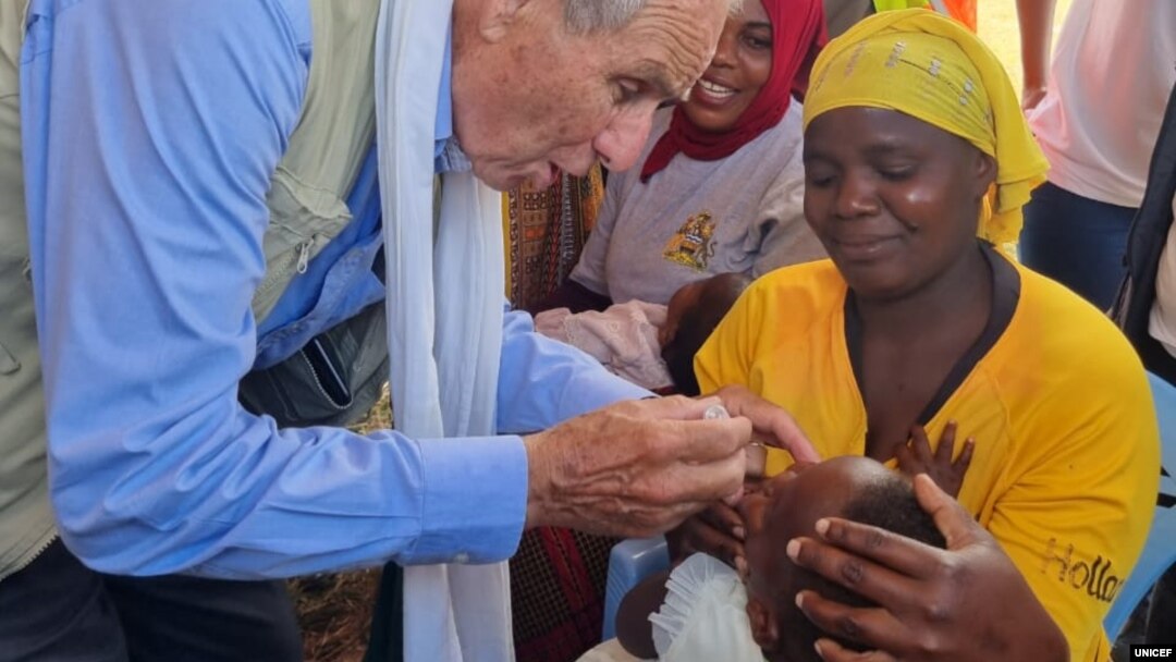 FILE - UNICEF representative Gianfranco Rotigliano gives oral vaccine to a child during the launch of the nationwide typhoid vaccination campaign, May 11, 2023, in Malawi's Balaka district. (UNICEF Malawi)