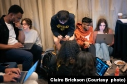 Debaters plan for their debates at the National Debate Tournament in Chantilly, Virginia, April 3, 2023. (Photo courtesy of Claire Brickson)