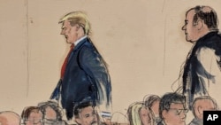 In this courtroom sketch, Donald Trump, left, is followed by his inside counsel Boris Epshteyn as he walks out of the federal courtroom in New York, Jan. 26. 2024.