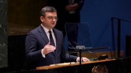 Ukrainian Foreign Minister Dmytro Kuleba speaks to a special session of the General Assembly on Ukraine, at U.N. headquarters in New York, Feb. 22, 2023.