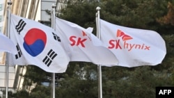 韩国芯片制造商SK海力士公司建筑外，韩国国旗与该公司的旗帜在飘扬。 （2024年1月25日）