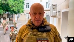 Photo from video released by Prigozhin Press Service, Yevgeny Prigozhin, the owner of the Wagner Group, records his video addresses in Rostov-on-Don, Russia, June 24, 2023.