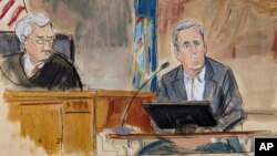 In this courtroom sketch, Michael Cohen testifies on the witness stand as Judge Arthur Engoron looks on from the bench in New York Supreme Court, Oct. 24, 2023.