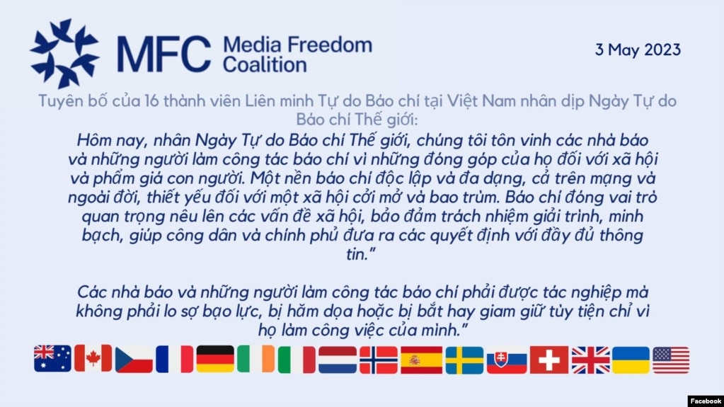 Tuyên bố về Ngày Tự do Báo chí Thế giới 3/5 của các phái đoàn ngoại giao phương Tây tại Việt Nam. Photo Facebook Đại sứ quán Canada tại Việt Nam.