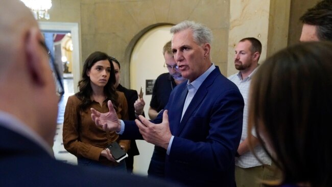 Speaker of the House Kevin McCarthy, R-Calif., speaks with members of the press after participating in a phone call on the debt ceiling with President Joe Biden, May 21, 2023, on Capitol Hill in Washington.