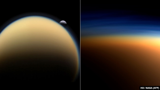 На этих двух снимках (2005 и 2009 годов) хорошо видна плотная дымка, скрывающая поверхность Титана от наблюдателей. На заднем плане левого фото – Тефия, еще один спутник Сатурна.