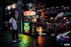 Cannabis shops and signs are seen in Soi 11 Sukhumvit, Bangkok, Thailand, in June 2023. (Tommy Walker/VOA)