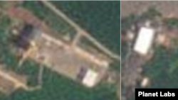 북한 동창리 서해위성발사장의 기존 발사장(왼쪽)과 새 발사장(오른쪽)의 29일 모습. 이동식 조립 건물이 각각 서쪽과 북쪽으로 이동했다. (위성 사진=플래닛 랩스)