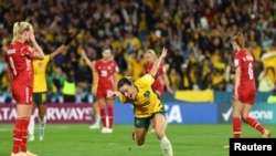 Australia's Hayley Raso celebrates scoring their second goal, Sydney, Australia, Aug. 7, 2023.