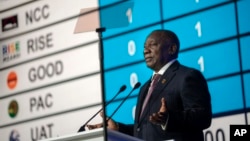 South African President Cyril Ramaphosa speaks during the announcement of general election results, in Johannesburg, South Africa, June 2, 2024. 