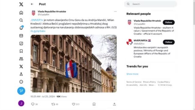 Hrvatska proglasila trojicu crnogorskih političara za nepoželjne osobe
