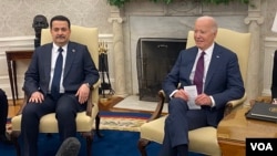 U.S. President Joe Biden, right, meets with Iraqi Prime Minister Mohammed Shia al-Sudani in the Oval Office of the White House in Washington, April 15, 2024. (Sirwan Kajjo/VOA Kurdish)