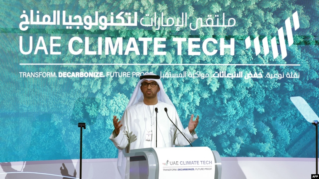 FILE - Sultan al-Jaber, president of this year's COP28 summit, talks during the UAE Climate Tech conference in Abu Dhabi Energy Centre, May 10, 2023.