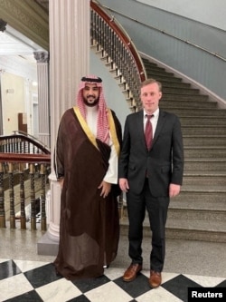 FILE - White House national security adviser Jake Sullivan meets with Saudi Defense Minister Prince Khalid bin Salman Al Saud in Washington, Oct. 30, 2023. Sullivan spoke with Saudi officials Dec. 13, 2023, before continuing to Israel and the West Bank.