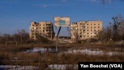 A destroyed building as result of the intense battles between Ukrainian and Russian forces for the control of this strategic city, Izium, Ukraine, on Feb. 22, 2023.