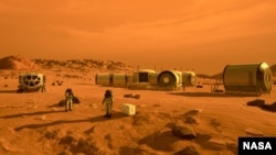 An artistic representation of astronauts and human living establishments on Mars as they might exist in the future. (Image Credit: NASA)