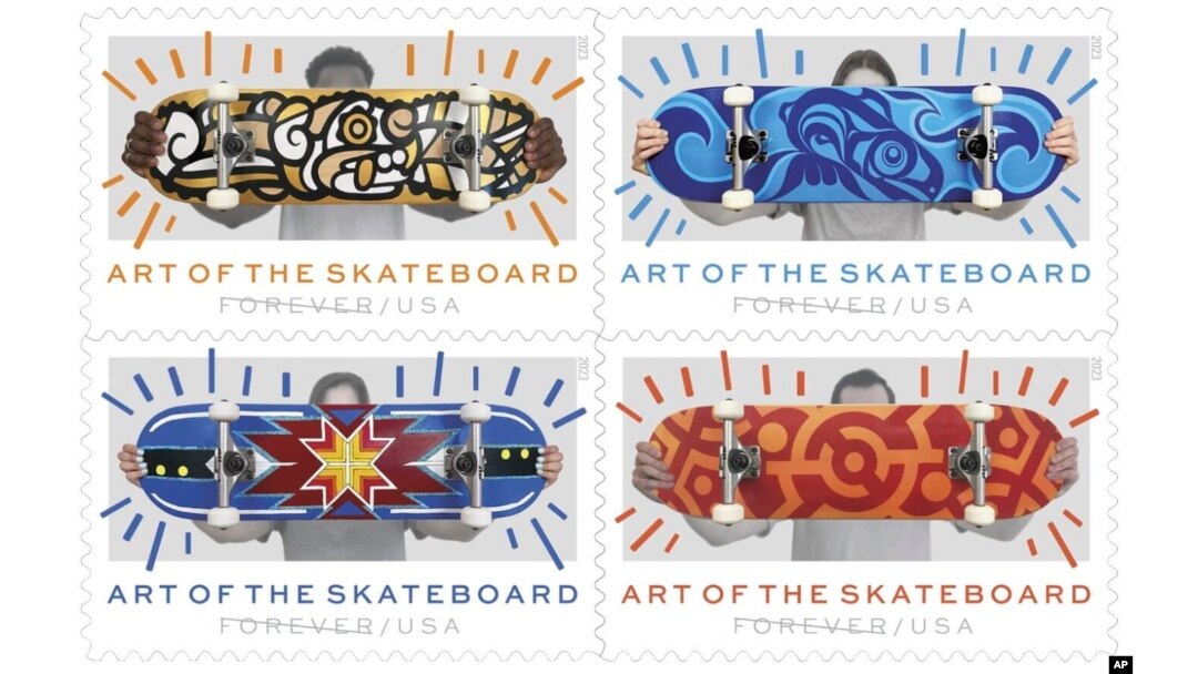 This image provided by the U.S. Postal Service shows its new the "Art of the Skateboard" Forever stamps. The stamps feature designs from four artists from around the country, including two Indigenous artists.