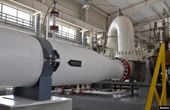 FILE - An interior view shows a pumping station of the Caspian Pipeline Consortium near the city of Atyrau, Kazakhstan, Oct. 12, 2017.