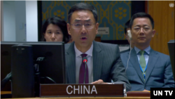 12일 뉴욕 유엔본부에서 열린 북한 인권 관련 안보리 공개회의에서 겅솽 유엔 주재 중국 부대사가 발언하고 있다.