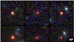 This image provided by NASA and the European Space Agency shows images of six candidate massive galaxies, seen 500-800 million years after the Big Bang. (NASA via AP)