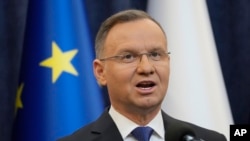 FILE - Poland's President Andrzej Duda is pictured in Warsaw, Jan. 10, 2024. His office on May 27, 2024, said Duda had spoken with the Congolese president to try to get the release of a Polish traveler sentenced there to prison on sabotage charges.