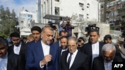 伊朗外长阿卜杜拉希扬在大马士革同叙利亚外长梅克达德行走交谈。（2024年4月8日）