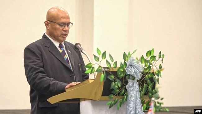 Tuvalu's Prime Minister Feleti Teo speaks after a swearing-in ceremony in Funafuti, the capital of the south Pacific nation of Tuvalu, on Feb. 28, 2024.