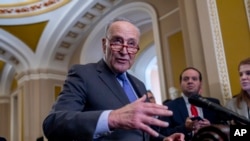 U.S. Senate Majority Leader Chuck Schumer of New York meets with reporters to discuss efforts to pass the final set of spending bills to avoid a partial government shutdown, at the Capitol in Washington, March 20, 2024.