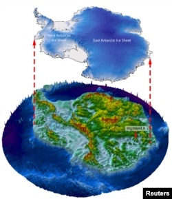 An illustration shows how a landscape the size of Belgium located in Wilkes Land, East Antarctica would appear if the thick ice sheet covering it were lifted away. (Stewart Jamieson, Durham University/Handout via REUTERS)