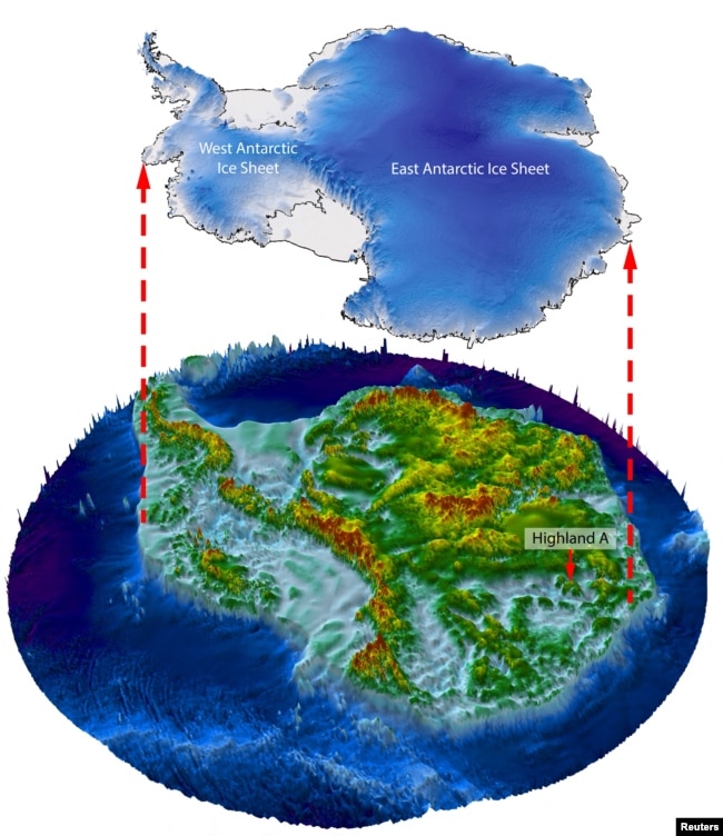 An illustration shows how a landscape the size of Belgium located in Wilkes Land, East Antarctica would appear if the thick ice sheet covering it were lifted away. (Stewart Jamieson, Durham University/Handout via REUTERS)