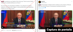 Comparación entre un fotograma del video viral y uno del video subido por Sputnik del discurso de Putin.