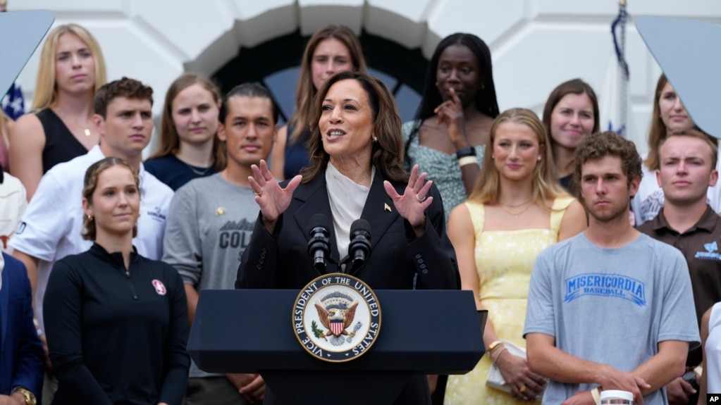 Vice President Kamala Harris speaks from the South Lawn of the White House in Washington, Monday, July 22, 2024. This is her first public appearance since President Joe Biden endorsed her to be the next presidential nominee of the Democratic Party. (AP Photo/Susan Walsh)