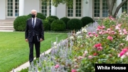 President Joe Biden walks through the White House Rose Garden.