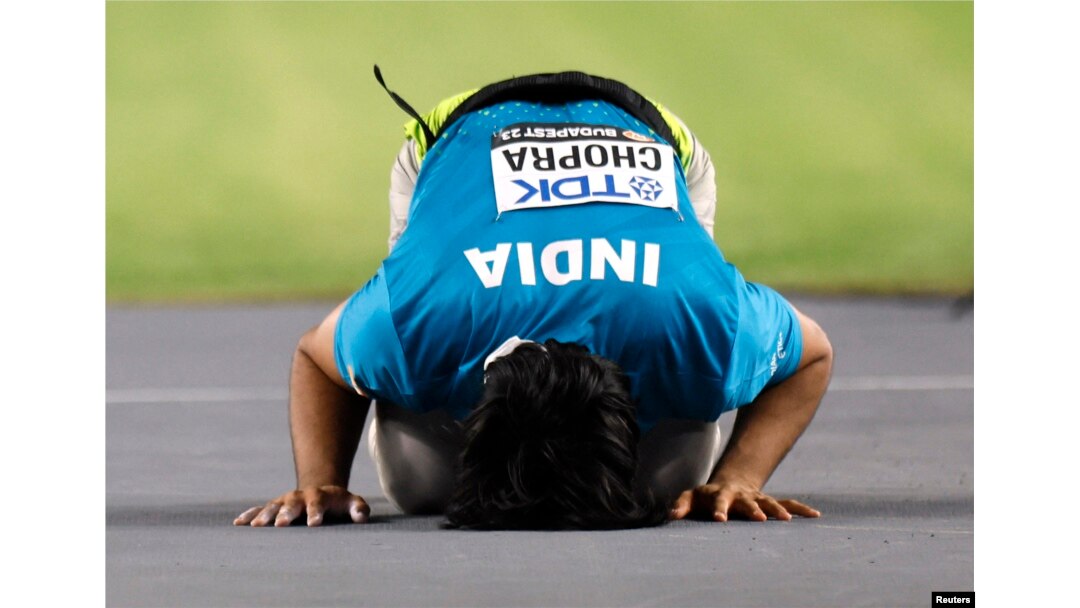India's Neeraj Chopra celebrates winning gold in the men's javelin throw at the World Athletics Championship, Budapest, Hungary, Aug. 27, 2023.