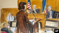 Assistant district attorney Susan Hoffinger, center, questions Michael Cohen, far right, as Donald Trump, far left, looks on, in Manhattan criminal court, in New York City, May 13, 2024. (Elizabeth Williams via AP)