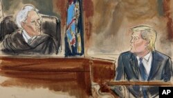 In this courtroom sketch, Judge Arthur Engoron questions former President Donald Trump on the witness stand in New York Supreme Court on Oct. 25, 2023, in New York. (Elizabeth Williams via AP)