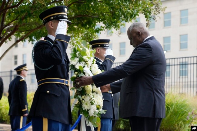 Secretary of Defense Lloyd Austin hosts an observance ceremony at the National 9/11 Pentagon Memorial in honor of the 184 people killed in the 2001 terrorist attack on the Pentagon, Sept. 11, 2023, in Washington.