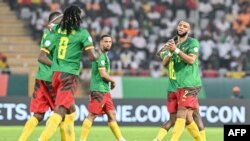 Les joueurs camerounais célèbrent le premier but de leur équipe lors du match de football du groupe C de la Coupe d'Afrique des Nations au Stade Charles Konan Banny à Yamoussoukro le 15 janvier 2024.