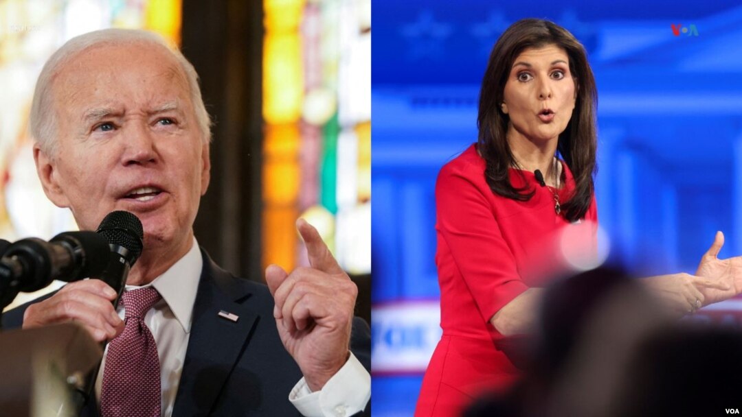 El presidente Joe Biden y la exgobernadora ante la ONU Nikki Haley durante sendos actos electorales celebrados el 8 de enero de 2024.