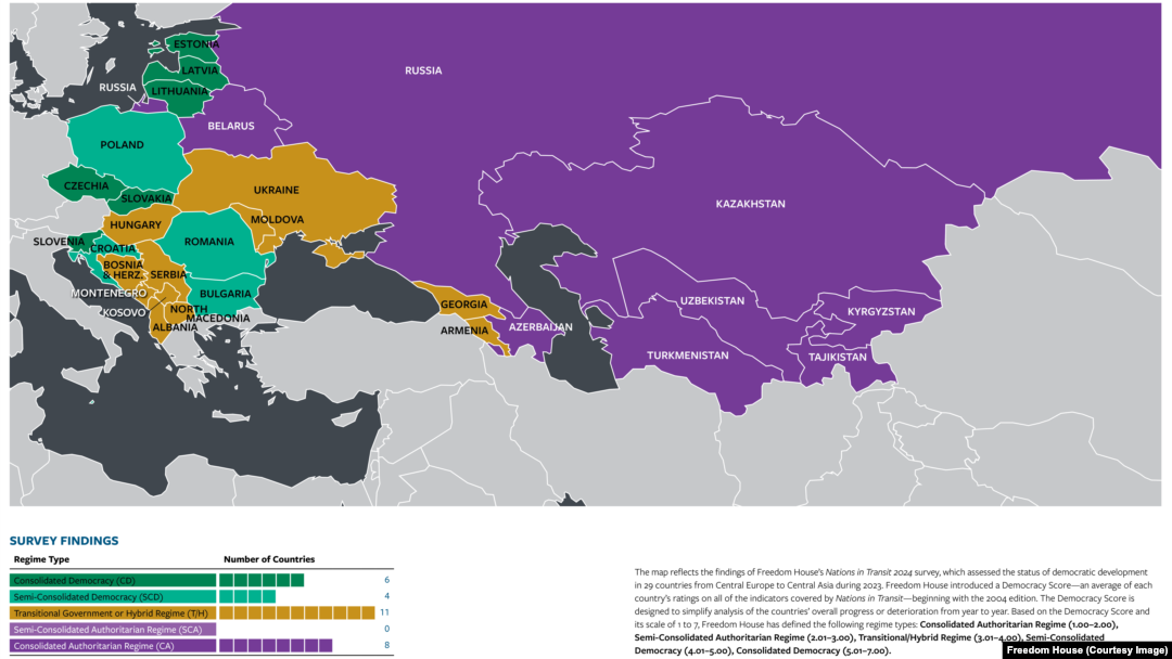Mapa zemalja u istraživanju Fridom Hausa "Nacije u tranziciji 2024." 